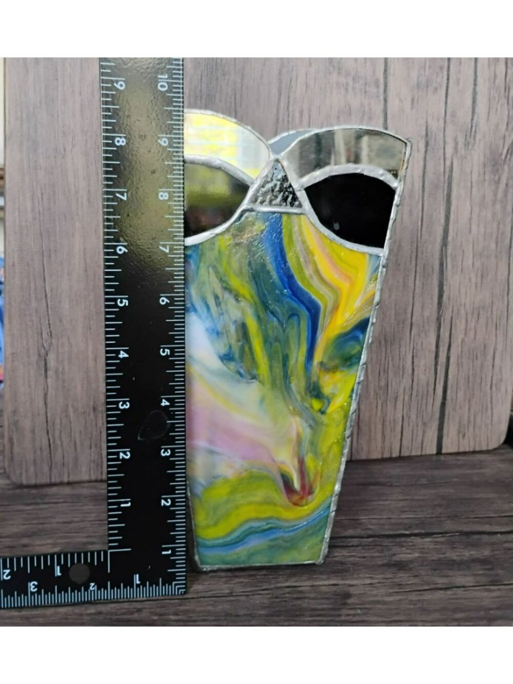 Vintage Postmodern Stained Glass Vase 9.5” 80s Geometric Art Deco Candle Holder - Picture 4 of 5